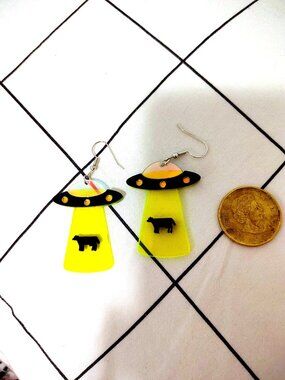 Acrylic UFO Cow Abduction Earrings — Alien Neon Yellow Novelty Fun Statement